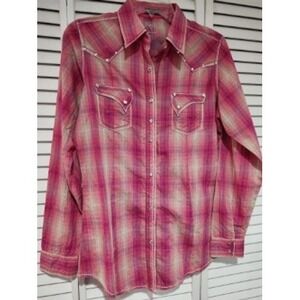 Rock 47 by Wrangler Plaid Western Shirt M Pink Tan Studded Long Sleeve Country